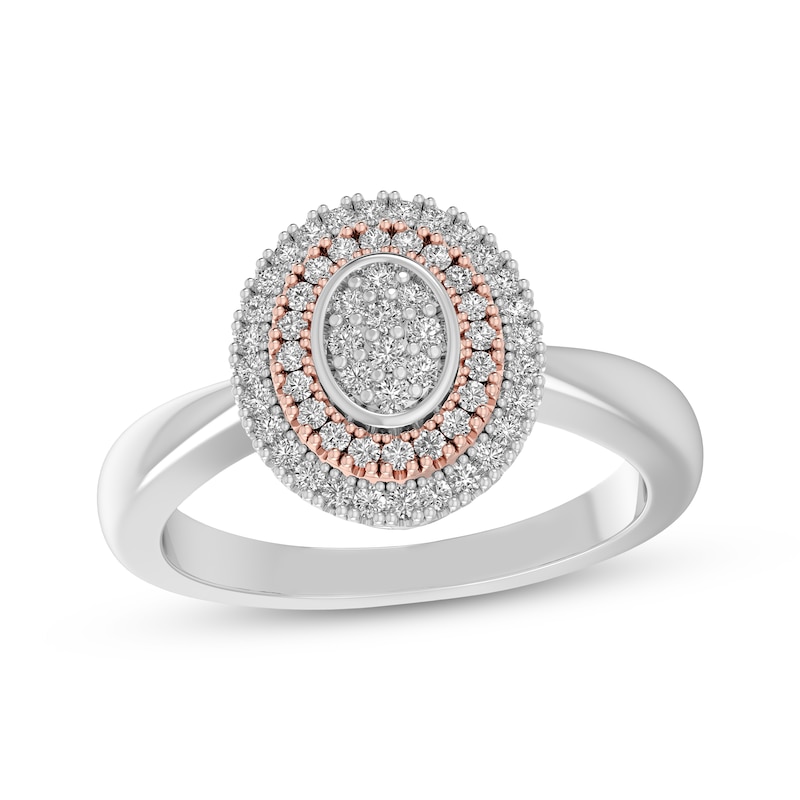 Main Image 1 of Multi-Diamond Oval Double Halo Ring 1/5 ct tw Sterling Silver & 10K Rose Gold