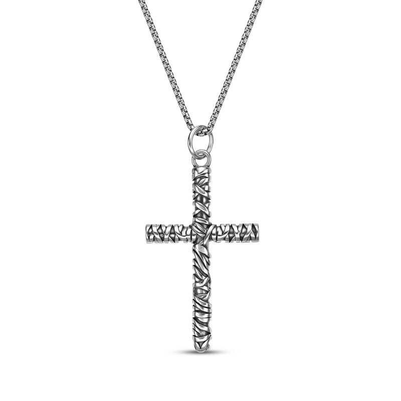 Main Image 2 of Men's Antique-Finish Wrapped Cross Necklace Stainless Steel 24"