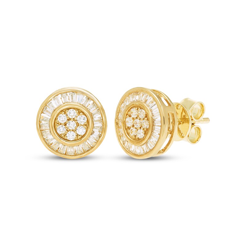 Main Image 1 of Men's Round & Baguette-Cut Diamond Halo Stud Earrings 3/8 ct tw 10K Yellow Gold