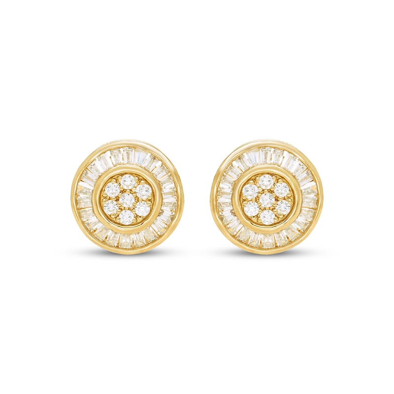 Main Image 2 of Men's Round & Baguette-Cut Diamond Halo Stud Earrings 3/8 ct tw 10K Yellow Gold