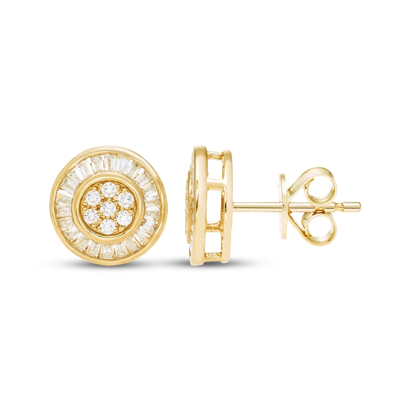 Main Image 3 of Men's Round & Baguette-Cut Diamond Halo Stud Earrings 3/8 ct tw 10K Yellow Gold