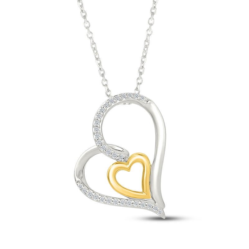 Main Image 1 of Diamond Loop Double Heart Necklace 1/10 ct tw Sterling Silver & 10K Yellow Gold 18"