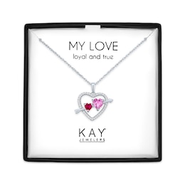 Pink & White Lab-Created Sapphire, Lab-Created Ruby Heart Necklace Sterling Silver 18"