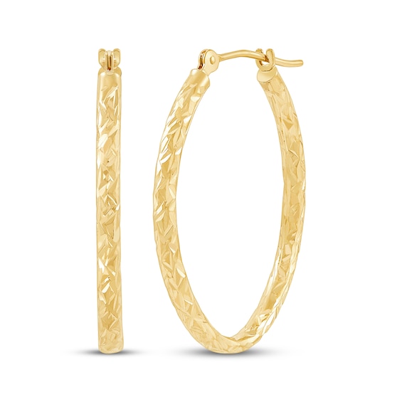 Diamond-Cut Oval Hoop Earrings 10K Yellow Gold