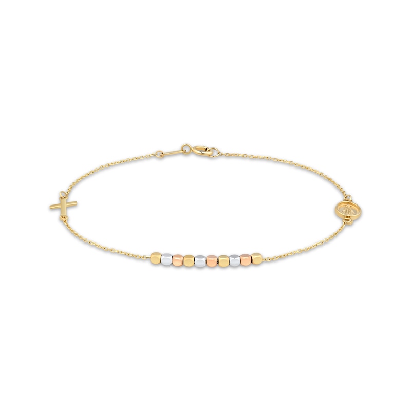 Main Image 1 of Children's Cross & Virgin Mary Charm Beaded Bracelet 14K Tri-Tone Gold 6"