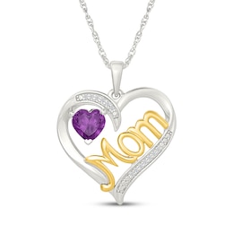 Heart-Shaped Amethyst & White Lab-Created Sapphire "Mom" Necklace Sterling Silver & 10K Yellow Gold 18"