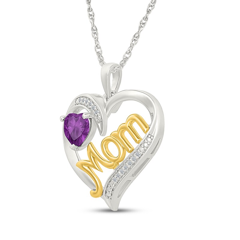 Main Image 2 of Heart-Shaped Amethyst & White Lab-Created Sapphire "Mom" Necklace Sterling Silver & 10K Yellow Gold 18"