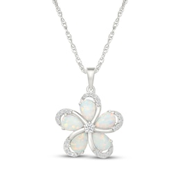 Pear-Shaped Lab-Created Opal & White Lab-Created Sapphire Flower Necklace Sterling Silver 18"