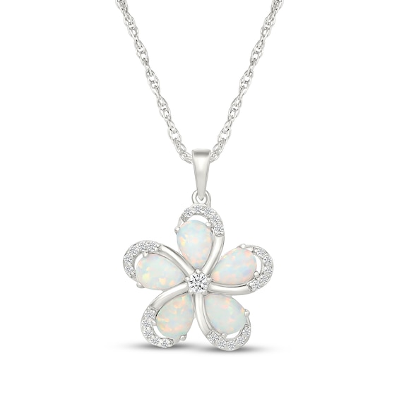 Pear-Shaped Lab-Created Opal & White Lab-Created Sapphire Flower Necklace Sterling Silver 18"