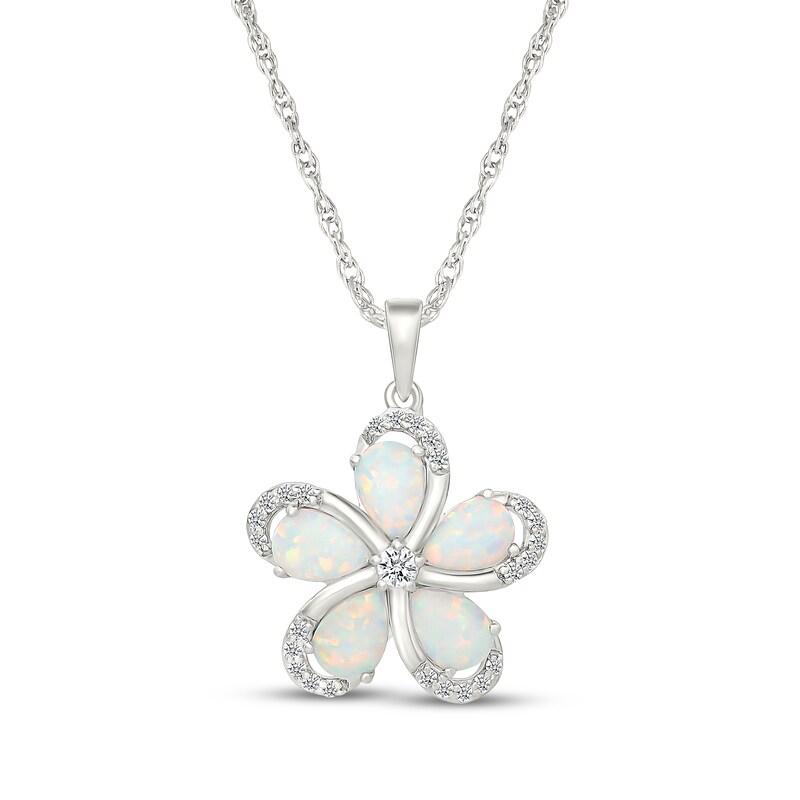 Main Image 1 of Pear-Shaped Lab-Created Opal & White Lab-Created Sapphire Flower Necklace Sterling Silver 18"