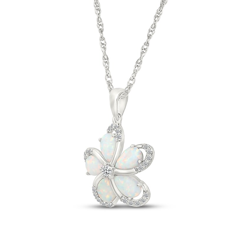 Main Image 2 of Pear-Shaped Lab-Created Opal & White Lab-Created Sapphire Flower Necklace Sterling Silver 18"