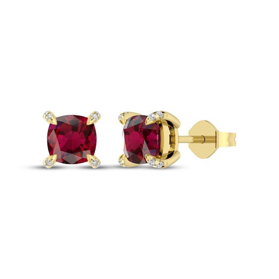 Cushion-Cut Lab-Created Ruby & Diamond Accent Stud Earrings 10K Yellow Gold