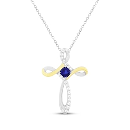 Cushion-Cut Blue Lab-Created Sapphire & White Lab-Created Sapphire Cross Necklace Sterling Silver & 10K Yellow Gold 18"