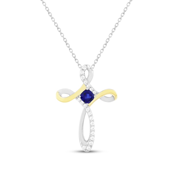 Cushion-Cut Blue Lab-Created Sapphire & White Lab-Created Sapphire Cross Necklace Sterling Silver & 10K Yellow Gold 18"
