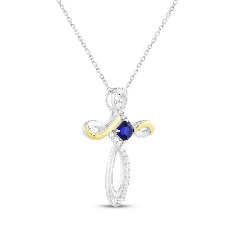 Main Image 2 of Cushion-Cut Blue Lab-Created Sapphire & White Lab-Created Sapphire Cross Necklace Sterling Silver & 10K Yellow Gold 18"