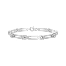 White Lab-Created Sapphire Station Chain Link Bracelet Sterling Silver 7.25"