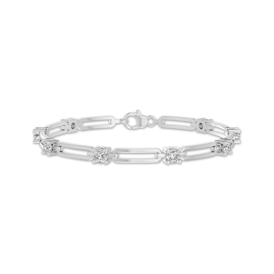 White Lab-Created Sapphire Station Chain Link Bracelet Sterling Silver 7.25"