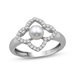Cultured Pearl & White Lab-Created Sapphire Flower Frame Ring Sterling Silver