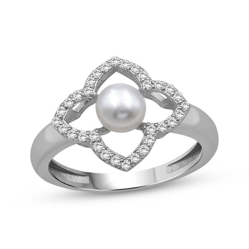 Main Image 1 of Cultured Pearl & White Lab-Created Sapphire Flower Frame Ring Sterling Silver