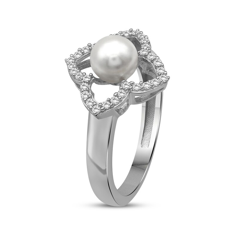 Main Image 2 of Cultured Pearl & White Lab-Created Sapphire Flower Frame Ring Sterling Silver