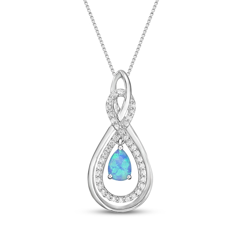 Main Image 1 of Pear-Shaped Blue Lab-Created Opal & White Lab-Created Sapphire Twist Frame Necklace Sterling Silver 18"