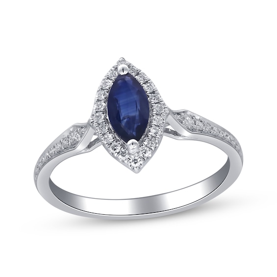 Marquise-Cut Natural Blue Sapphire & Diamond Ring 1/6 ct tw 10K White Gold
