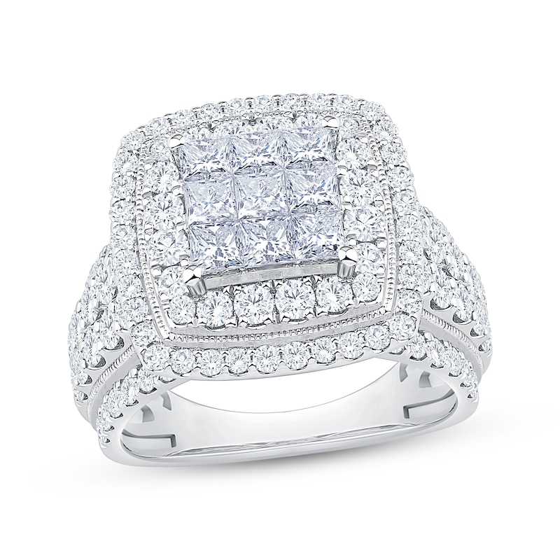 Main Image 1 of Princess-Cut Multi-Diamond Double Halo Engagement Ring 3 ct tw 10K White Gold