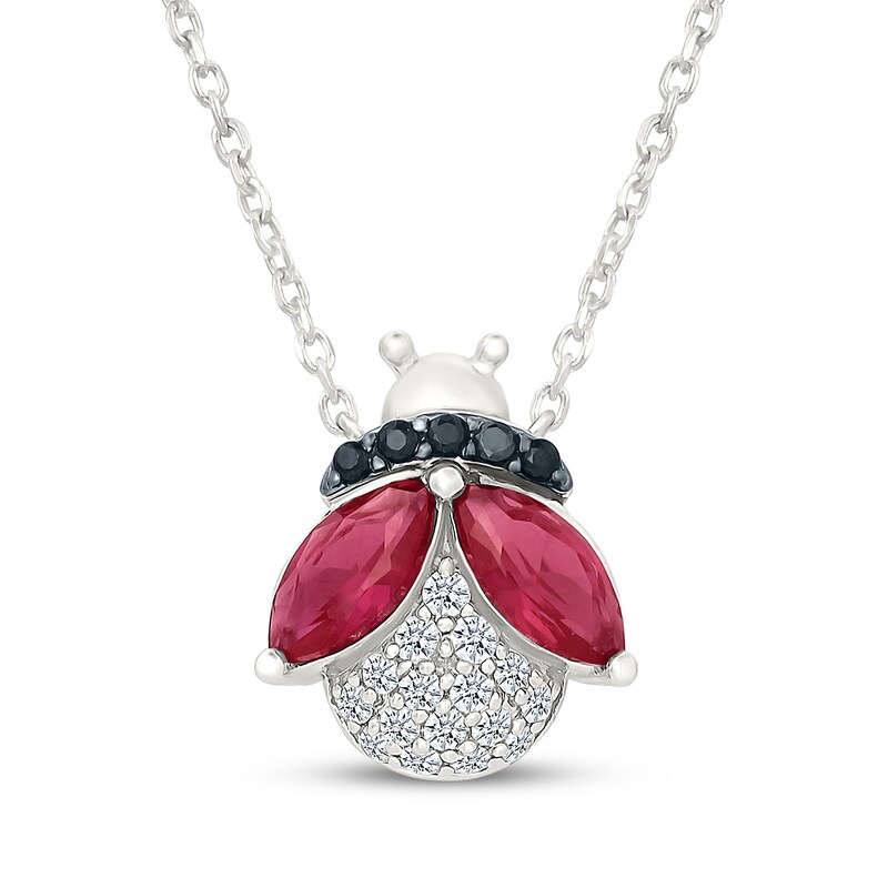 Main Image 1 of Marquise-Cut Lab-Created Ruby, Black Onyx & White Lab-Created Sapphire Ladybug Necklace Sterling Silver 18"