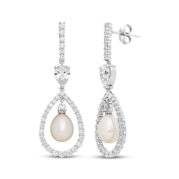 Cultured Pearl & White Lab-Created White Sapphire Drop Earrings Sterling Silver