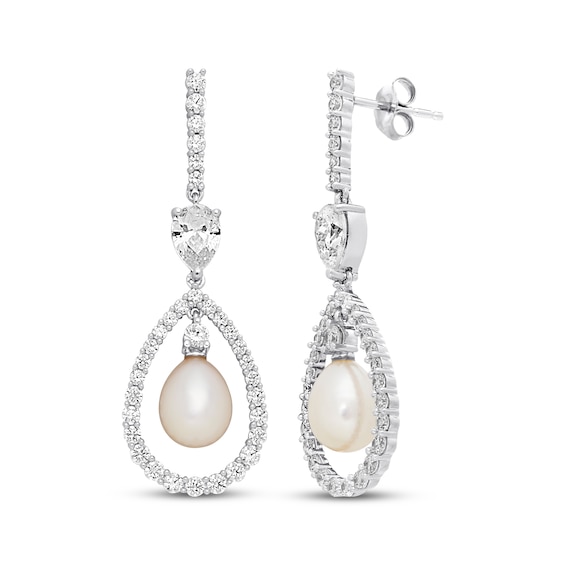 Cultured Pearl & White Lab-Created White Sapphire Drop Earrings Sterling Silver
