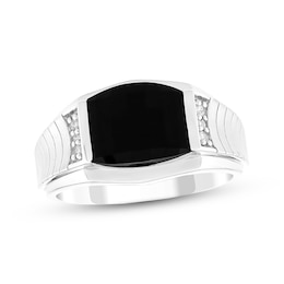 Men's Barrel-Cut Black Onyx & Diamond Signet-Style Ring 1/15 ct tw Sterling Silver