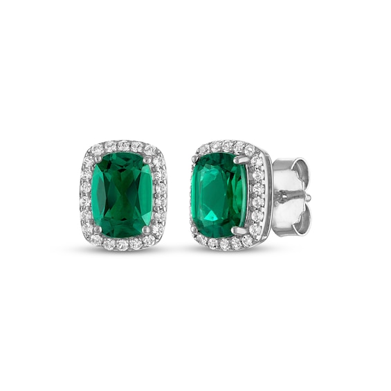 Cushion-Cut Lab-Created Emerald & White Lab-Created Sapphire Stud Earrings Sterling Silver
