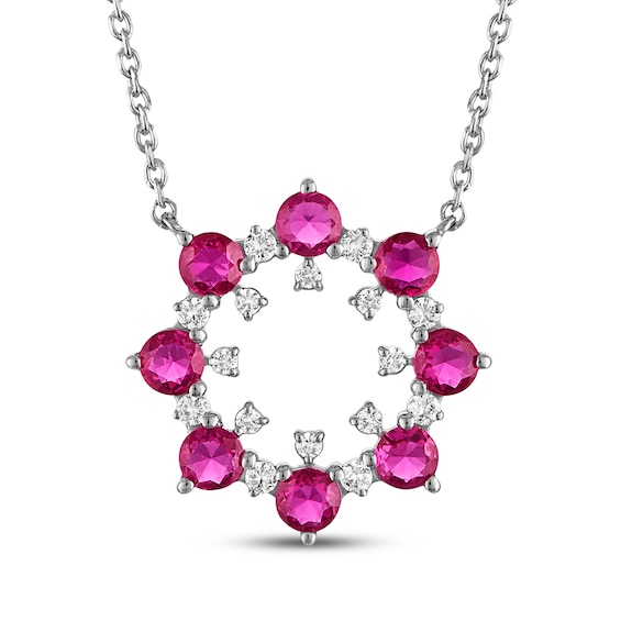 Lab-Created Ruby & White Lab-Created Sapphire Circle Necklace Sterling Silver 18"