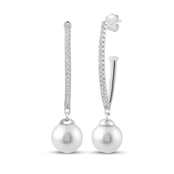 Cultured Pearl & White Lab-Created Sapphire Angled J-Hoop Dangle Earrings Sterling Silver