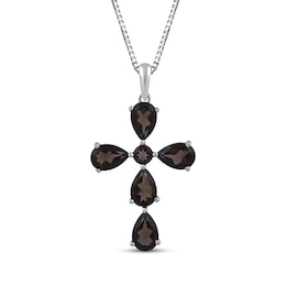 Pear-Shaped & Round-Cut Smoky Quartz Cross Necklace Sterling Silver 18"