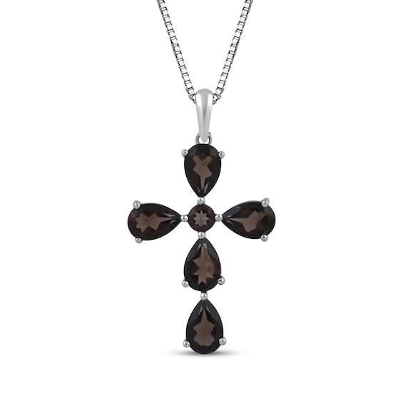 Pear-Shaped & Round-Cut Smoky Quartz Cross Necklace Sterling Silver 18"