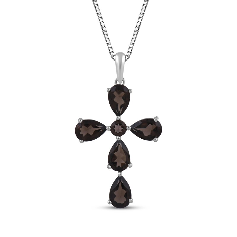 Main Image 1 of Pear-Shaped & Round-Cut Smoky Quartz Cross Necklace Sterling Silver 18"