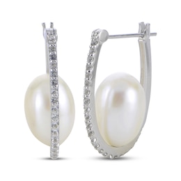Oval Cultured Pearl & White Topaz Hoop Earrings Sterling Silver