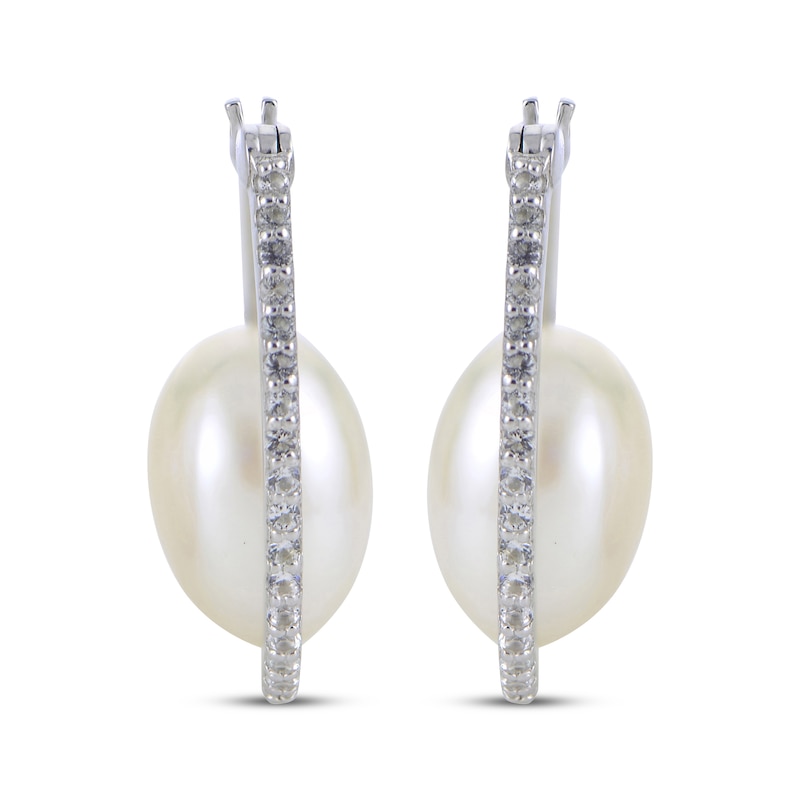 Main Image 2 of Oval Cultured Pearl & White Topaz Hoop Earrings Sterling Silver