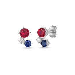 Lab-Created Ruby, Blue & White Lab-Created Sapphire Three-Stone Drop Earrings Sterling Silver