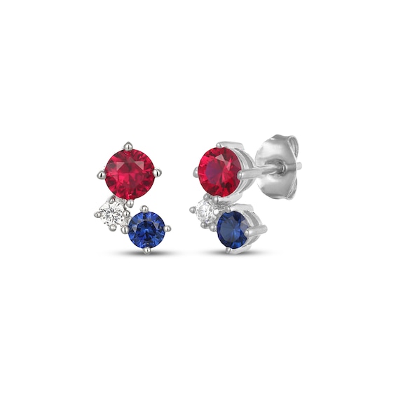 Lab-Created Ruby, Blue & White Lab-Created Sapphire Three-Stone Drop Earrings Sterling Silver