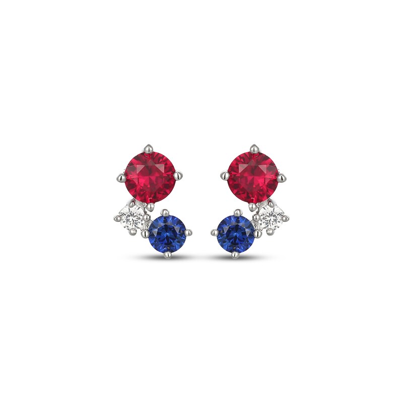 Main Image 2 of Lab-Created Ruby, Blue & White Lab-Created Sapphire Three-Stone Drop Earrings Sterling Silver