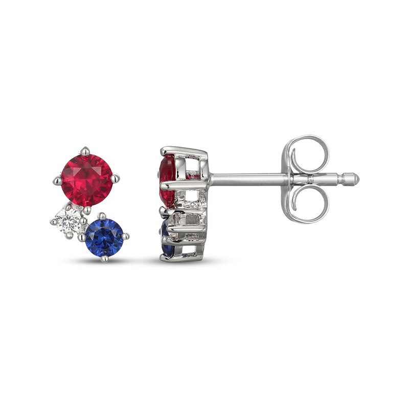 Main Image 3 of Lab-Created Ruby, Blue & White Lab-Created Sapphire Three-Stone Drop Earrings Sterling Silver