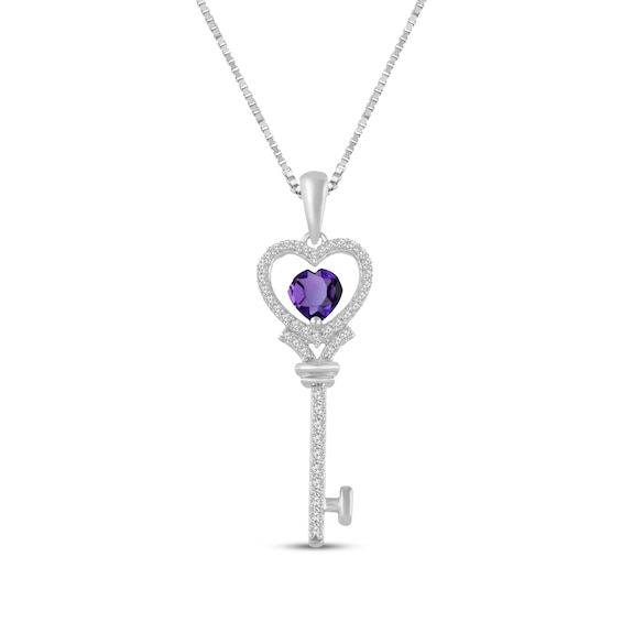 Heart-Shaped Amethyst & White Lab-Created Sapphire Key Necklace Sterling Silver 18"