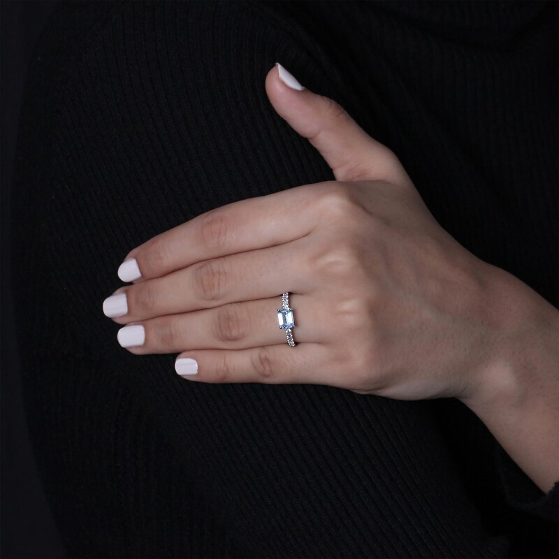 Main Image 3 of Emerald-Cut Sky Blue Topaz & White Lab-Created Sapphire Ring Sterling Silver