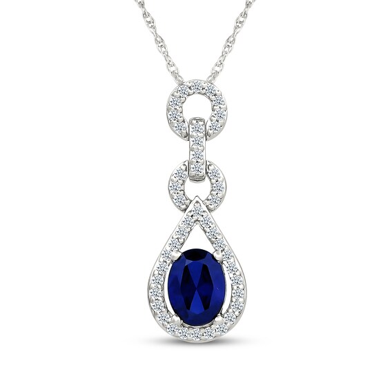 Oval-Cut Blue & White Lab-Created Sapphire Drop Necklace Sterling Silver 18"