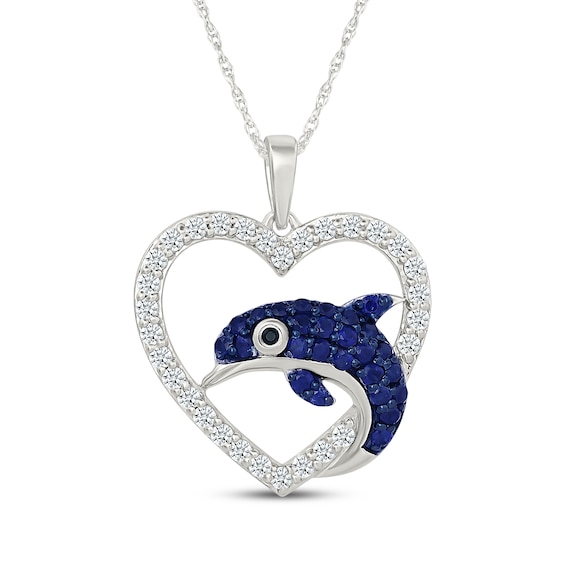 Blue & White Lab-Created Sapphire, Black Onyx Dolphin Heart Necklace Sterling Silver 18"