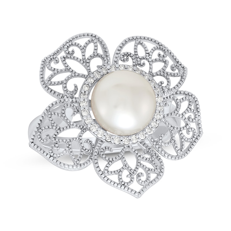 Main Image 1 of Cultured Pearl & Diamond Halo Flower Ring 1/8 ct tw Sterling Silver