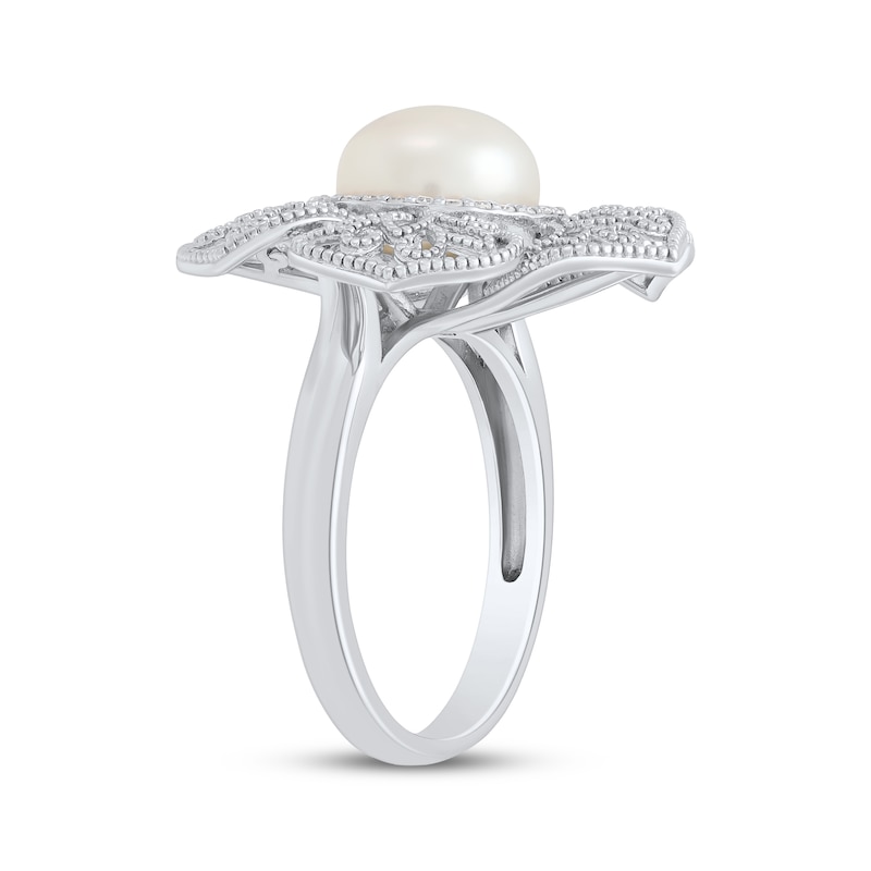 Main Image 2 of Cultured Pearl & Diamond Halo Flower Ring 1/8 ct tw Sterling Silver