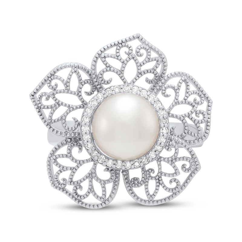 Main Image 3 of Cultured Pearl & Diamond Halo Flower Ring 1/8 ct tw Sterling Silver